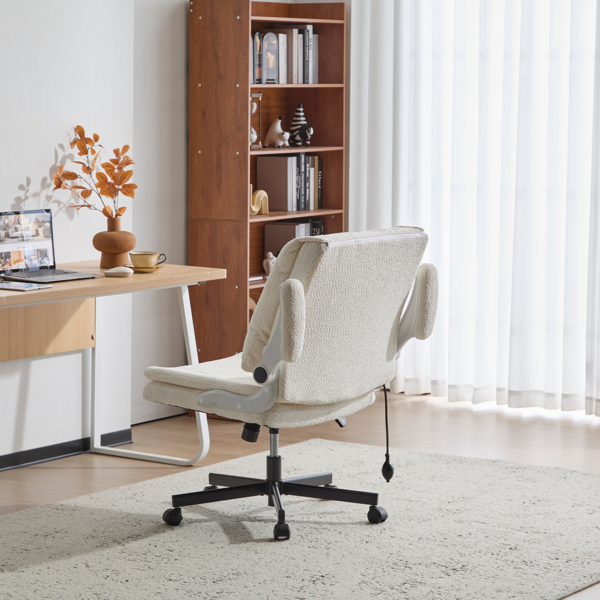 翻转式后背内置动态气囊腰靠十字交叉腿办公椅，宽座办公桌椅带翻转扶手与轮子，现代家用办公室梳妆台米色十字交叉腿椅-12