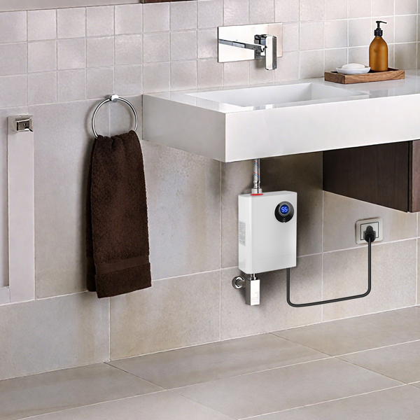 （物流随机发，自提可发加拿大）3000W无罐式热水器 - 带液晶显示屏的即热式热水器（82.4-131°F/°C切换），IPX4防水等级，防漏水/过温/干烧保护，配备G1/2"黄铜接头，适用于洗手/洗碗/美发沙龙/水槽下方安装-11