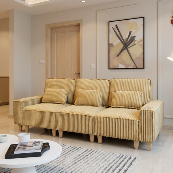 深座三人座灯芯绒沙发，配拉丝不锈钢杯架及3个装饰靠枕，现代舒适客厅沙发-3