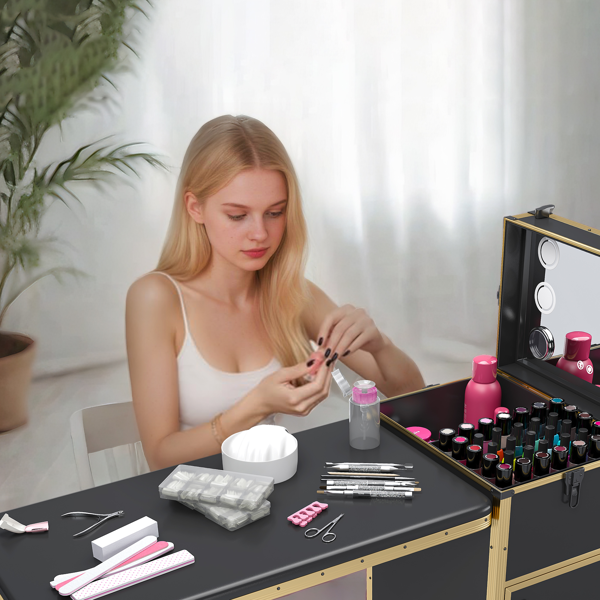 便携式美甲桌，带 LED 镜子、蓝牙、可上锁抽屉、伸缩杆 - 沙龙折叠美甲台（黑金色）-14