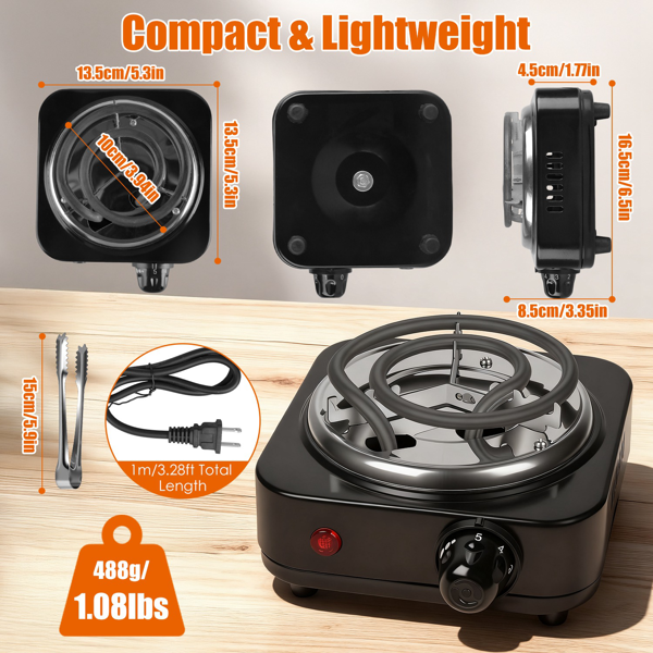 （自提可发加拿大，temu&tk下自提单）电热炭炉 - 500W快速加热，5档温度调节，恒温安全保护及不锈钢线圈，附赠配件适用于户外/室内使用-8