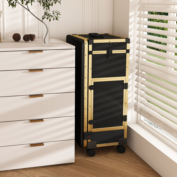 便携式美甲桌，带 LED 镜子、蓝牙、可上锁抽屉、伸缩杆 - 沙龙折叠美甲台（黑金色）-13