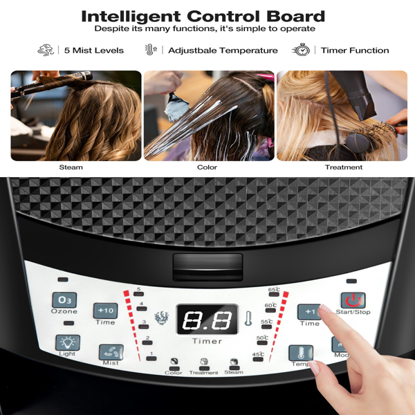 深层护理发蒸器，配备七色灯光与臭氧功能，微雾头皮保湿蒸汽仪，带可调温度，含3顶发帽及芳香疗法喷嘴，适用于肌肤与头发护理-6