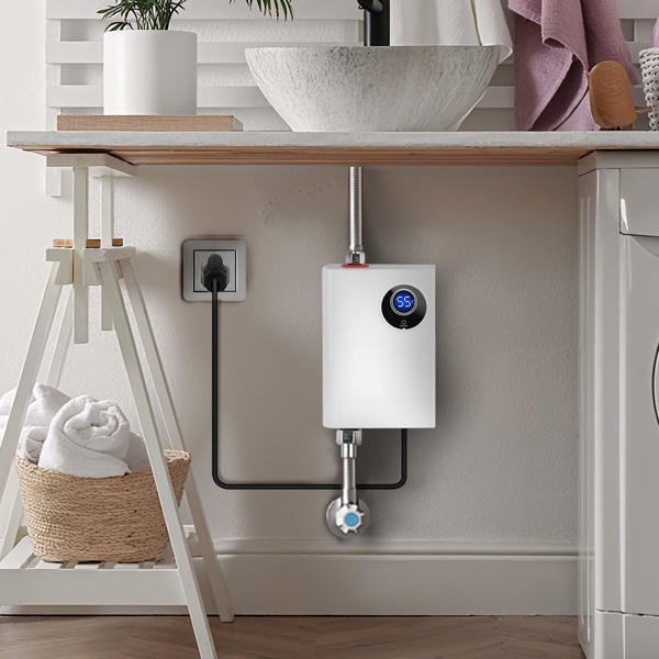 （物流随机发，自提可发加拿大）3000W无罐式热水器 - 带液晶显示屏的即热式热水器（82.4-131°F/°C切换），IPX4防水等级，防漏水/过温/干烧保护，配备G1/2"黄铜接头，适用于洗手/洗碗/美发沙龙/水槽下方安装-10