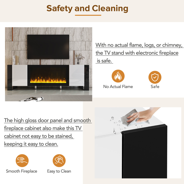 时尚现代电视柜，带34.2英寸非加热式电壁炉，高光泽娱乐中心，带2个柜子，适用于最大78英寸电视的媒体控制台，白色-17