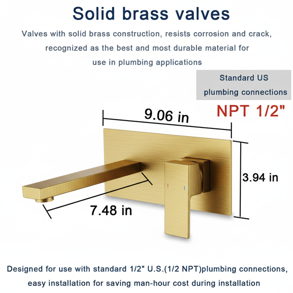 浴室水槽或浴缸的壁挂式水龙头，单柄2孔黄铜粗糙阀门，拉丝金【周末不发货，TK/TEMU订单仅支持自提】-9