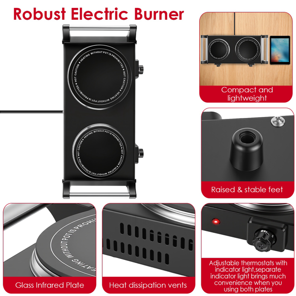 （物流随机发，自提可发加拿大）-双区电热板 - 5秒极速加热，配备6.3英寸与7.5英寸玻璃面板，800W+1000W双功率，恒温控制与自动断电功能，338-1022℉可调温度，便携设计适用于露营/大学宿舍/小型厨房-3