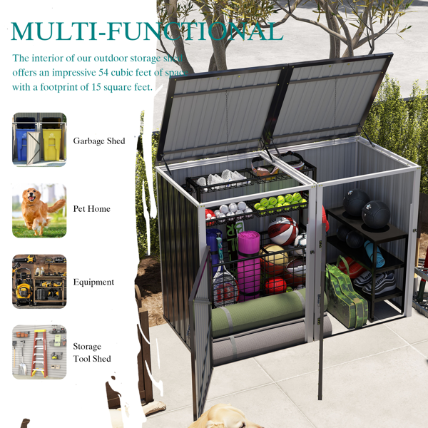 垃圾桶棚，可存放 2 个垃圾桶，金属户外垃圾桶棚，54 立方英尺空间，不锈钢镀锌钢材质，适用于花园、庭院、草坪，灰色-11