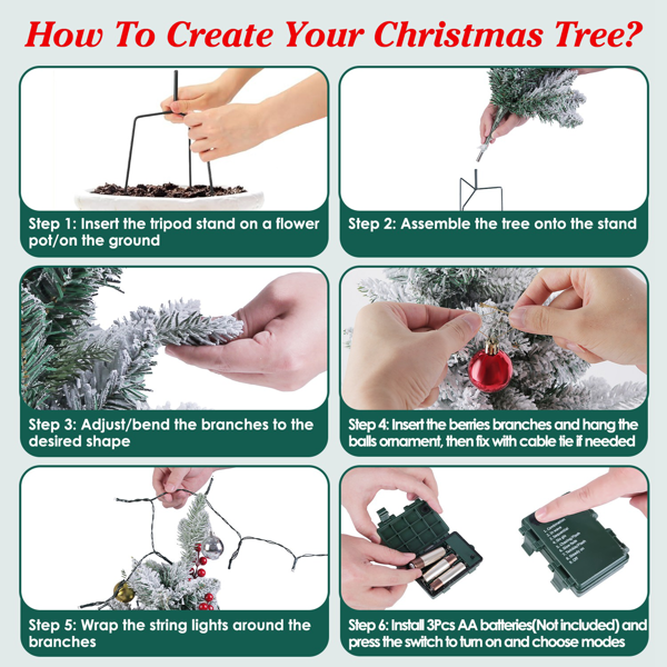 （自提可发加拿大，temu&tk下自提单）50颗LED逼真仿真圣诞树 - 8种灯光模式，自动6小时/18小时定时器及IP44防水等级，电池供电迷你树配红浆果，适用于节日家居门廊花园装饰-11