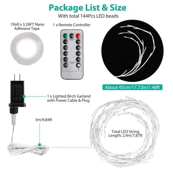 （自提可发加拿大，temu，tk下自提单）-发光桦树花环，7.87英尺（约2.4米）长，含144颗暖白LED灯珠，8种模式可选，配备遥控器与定时器，IP45防水等级柔性枝条，适用于家居装饰。-11