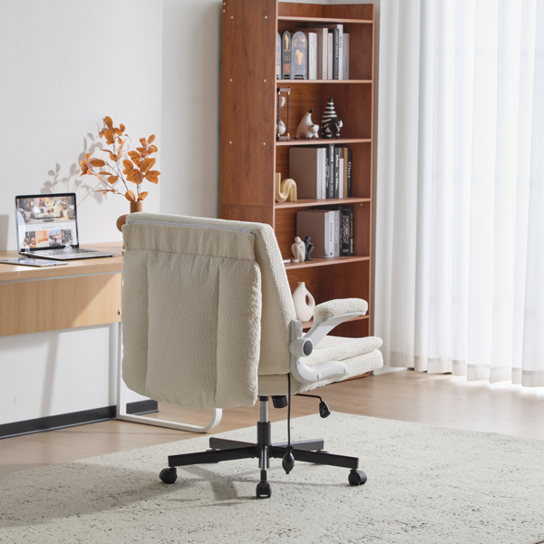 翻转式后背内置动态气囊腰靠十字交叉腿办公椅，宽座办公桌椅带翻转扶手与轮子，现代家用办公室梳妆台米色十字交叉腿椅-7