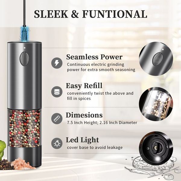 2PCS electric salt and pepper grinder set - battery-powered spice grinder, adjustable for coarseness, perfect for home kitchens, durable plastic, electric salt and pepper grinder, automatic grinder-6