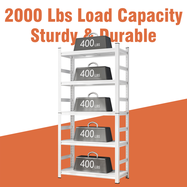 71 英寸高可调节储物架，可调节搁板，2000 磅五层搁板，防刮耐磨面板，白色，需要组装-6