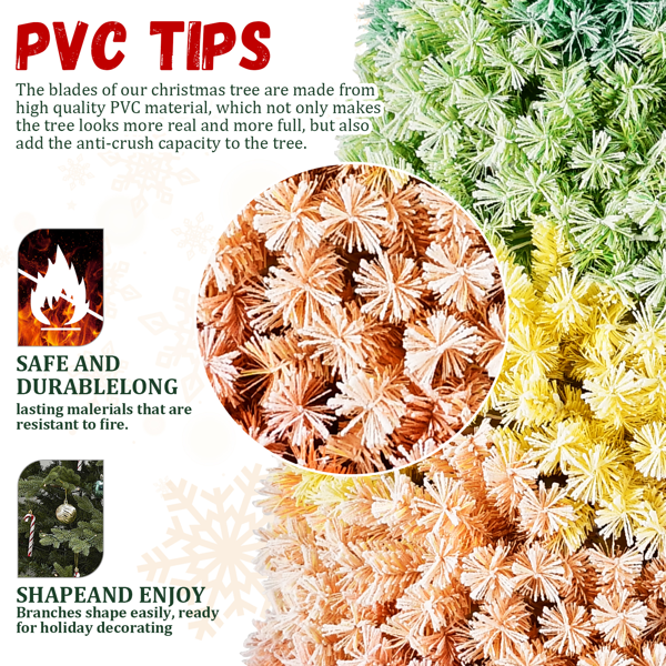 6英尺彩虹渐变植绒PVC圣诞树，1326个树枝，色彩鲜艳的饱满人造松树，表面覆盖雪花，铰链式设计，配有坚固的金属支架，适用于节日装饰-6