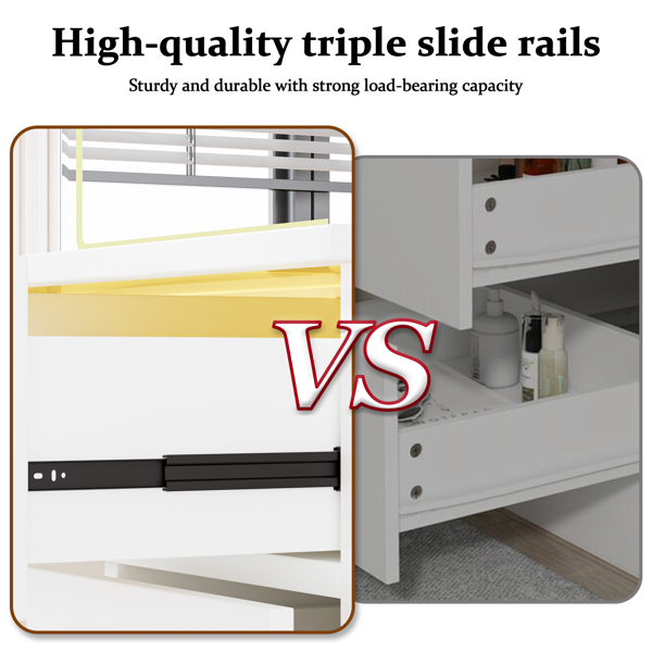 46英寸玻璃台面梳妆台，带10个抽屉、镜子和凳子，3种照明模式，电源插座，静音滑轨，白色大号梳妆台，适用于卧室-6