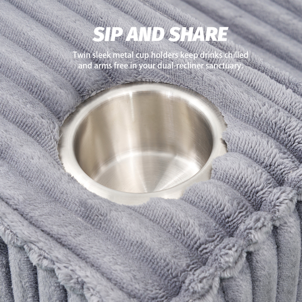 深座灯芯绒双人沙发，配拉丝不锈钢杯架及2个装饰靠枕，舒适客厅双人座沙发-5