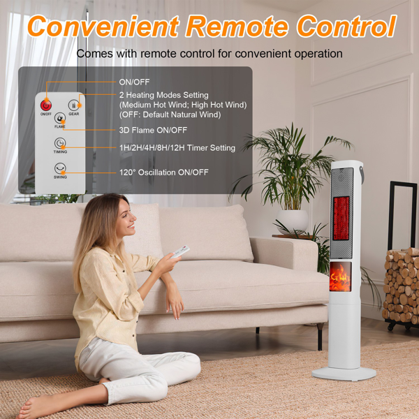 （物流随机发，自提可发加拿大）快速加热摇头式取暖器 - 120° 广角 升温提速 30%，3D 火焰效果，5 档定时 + 遥控操作，安全静音设计 适用于卧室 / 办公室-3