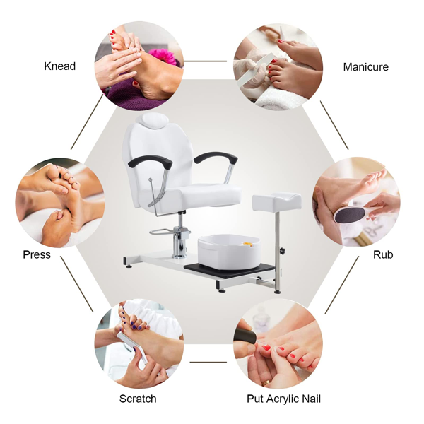 足部护理站座椅（含脚踏板及足浴盆），360度旋转可躺式足部护理椅，配备液压升降高度调节及头枕功能 - 白色款-6