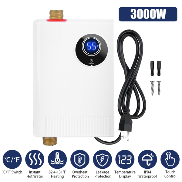 （物流随机发，自提可发加拿大）3000W无罐式热水器 - 带液晶显示屏的即热式热水器（82.4-131°F/°C切换），IPX4防水等级，防漏水/过温/干烧保护，配备G1/2"黄铜接头，适用于洗手/洗碗/美发沙龙/水槽下方安装-12