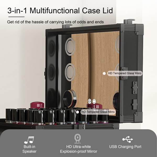 便携式美甲桌，带 LED 镜子、蓝牙、可上锁抽屉、伸缩杆 - 沙龙折叠美甲台（黑色）-8