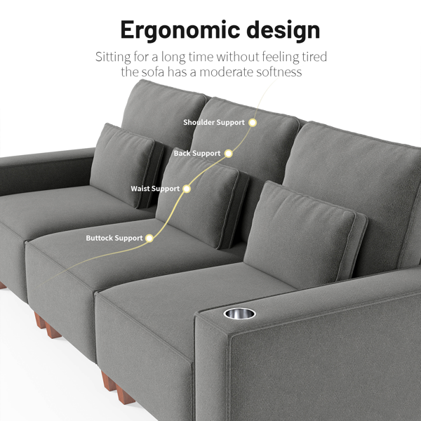雪尼尔深座三人沙发，配拉丝不锈钢杯架及3个装饰靠枕，现代舒适客厅沙发-8