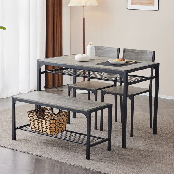 拆装 MDF 黑色铁管 灰色 餐桌椅套装 1桌1长凳2椅 长方形-31