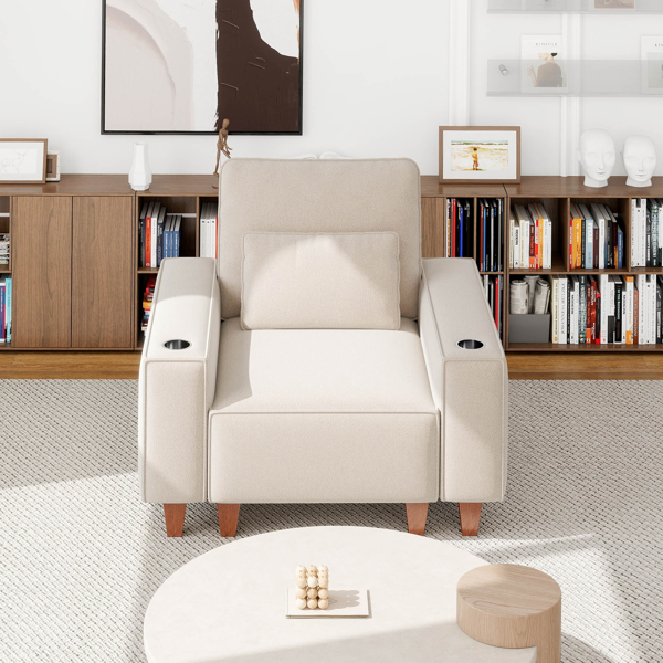 雪尼尔深座单人沙发椅，配拉丝不锈钢杯架与装饰靠枕，现代舒适客厅点缀椅-2