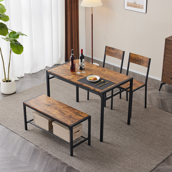 拆装 MDF 黑色铁管 火烧木 餐桌椅套装 1桌1长凳2椅 长方形-19