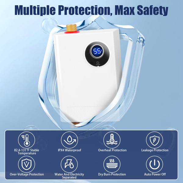 （物流随机发，自提可发加拿大）3000W无罐式热水器 - 带液晶显示屏的即热式热水器（82.4-131°F/°C切换），IPX4防水等级，防漏水/过温/干烧保护，配备G1/2"黄铜接头，适用于洗手/洗碗/美发沙龙/水槽下方安装-2