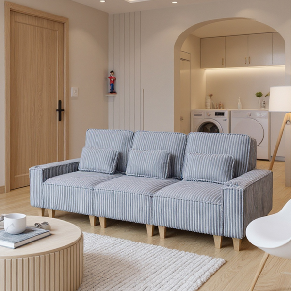 深座三人座灯芯绒沙发，配拉丝不锈钢杯架及3个装饰靠枕，现代舒适客厅沙发-3