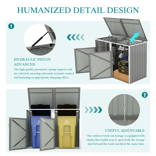 垃圾桶棚，可存放 2 个垃圾桶，金属户外垃圾桶棚，54 立方英尺空间，不锈钢镀锌钢材质，适用于花园、庭院、草坪，灰色-3
