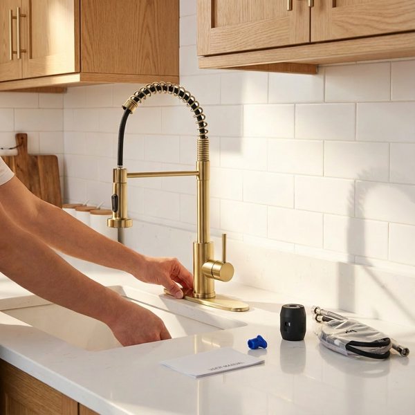 带下拉式喷雾器的厨房水龙头，适用于农舍露营者洗衣设施的1孔或3孔水龙头，Rv湿吧水槽，不锈钢，拉丝金【周末不发货，TK/TEMU订单仅支持自提】-8