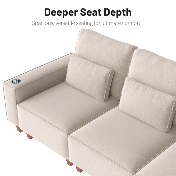 雪尼尔深座三人沙发，配拉丝不锈钢杯架及3个装饰靠枕，现代舒适客厅沙发-6