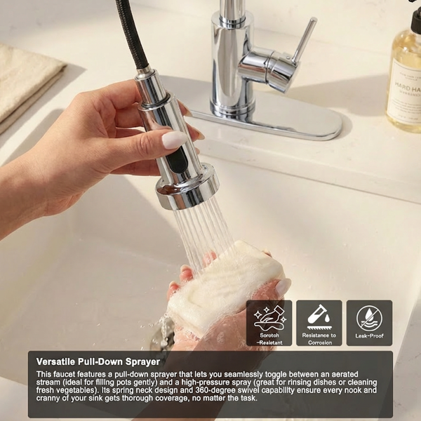 带下拉式喷雾器的厨房水龙头工业1把手1孔或3孔水龙头，适用于农舍露营者洗衣设施Rv湿吧水槽，不锈钢，铬【周末不发货，TK/TEMU订单仅支持自提】-9