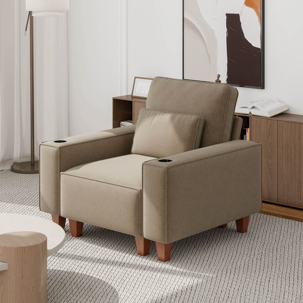 雪尼尔深座单人沙发椅，配拉丝不锈钢杯架与装饰靠枕，现代舒适客厅点缀椅-2