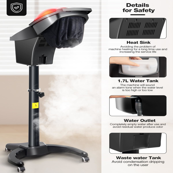 深层护理发蒸器，配备七色灯光与臭氧功能，微雾头皮保湿蒸汽仪，适用于天然/黑发护理，带可调温度，理发师专用-5