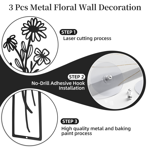 3 件金属花瓶花卉墙壁艺术 - 乡村农舍风格装饰金属墙壁艺术黑色极简花卉自然主题墙壁装饰适合家庭卧室餐厅乔迁之喜（黑色-花瓶）-9