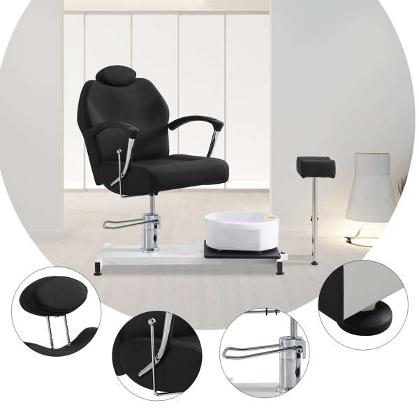 足部护理站座椅（含脚踏板及足浴盆），360度旋转可躺式足部护理椅，配备液压升降高度调节及头枕功能 - 黑色款-6