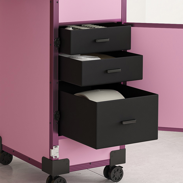 便携式美甲桌，带 LED 镜子、蓝牙、可上锁抽屉、伸缩杆 - 沙龙折叠美甲台（粉色）-8