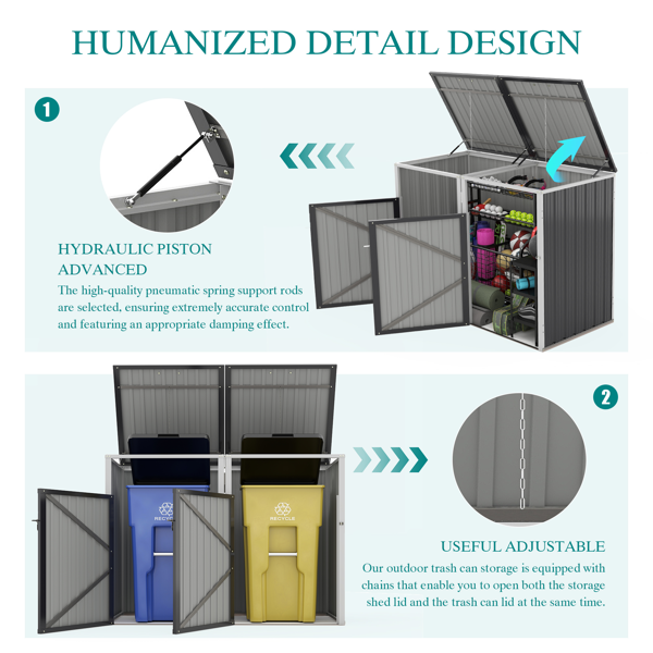 垃圾桶棚，可存放 2 个垃圾桶，金属户外垃圾桶棚，54 立方英尺空间，不锈钢镀锌钢材质，适用于花园、庭院、草坪，灰色-9