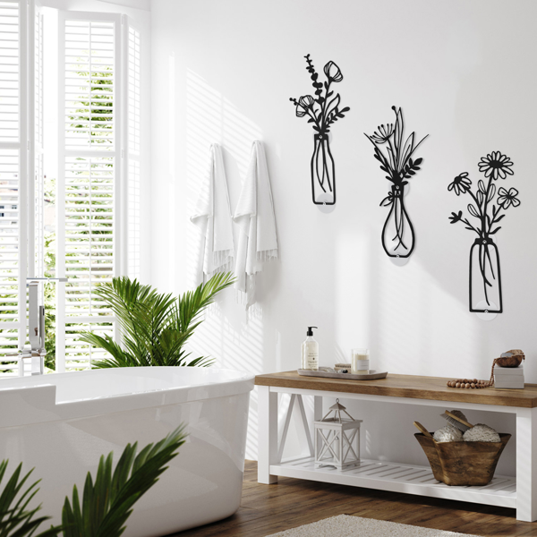 3 件金属花瓶花卉墙壁艺术 - 乡村农舍风格装饰金属墙壁艺术黑色极简花卉自然主题墙壁装饰适合家庭卧室餐厅乔迁之喜（黑色-花瓶）-2
