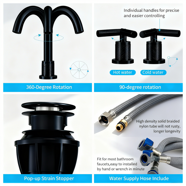浴室水龙头2柄哑光黑色浴室水槽水龙头宽3孔360°旋转喷嘴现代水槽盆水龙头8英寸[周末无法发货，TK/TEMU仅支持自提]-9