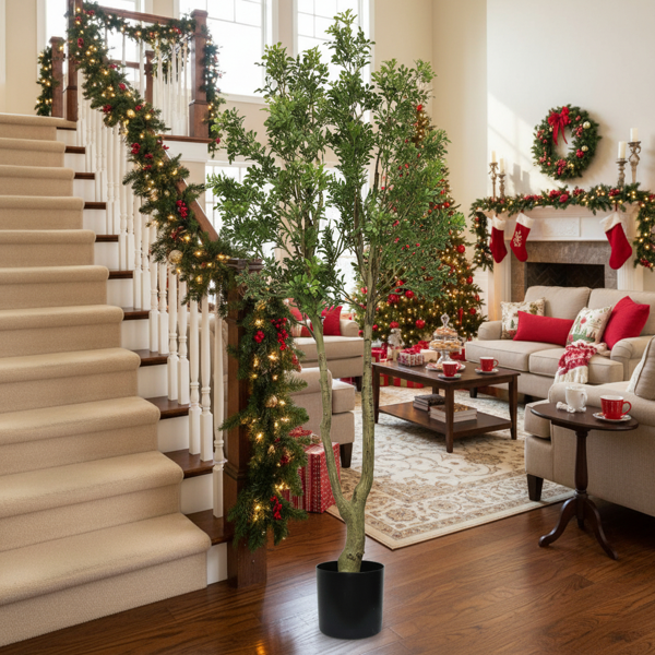 5.2英尺高仿真树人造植物郁郁葱葱的常绿植物枝叶鲜绿树干自然装饰性盆栽适合室内/办公室/客厅/玄关装饰FBA发货-9