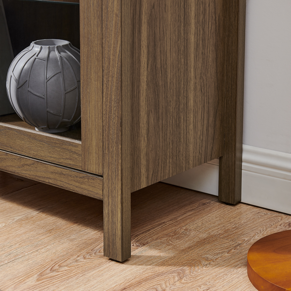 一款带灯的高拱形储物柜，现代复古风格木质储物柜，配有可调节玻璃隔板，适合用作厨房多功能柜——棕色-13