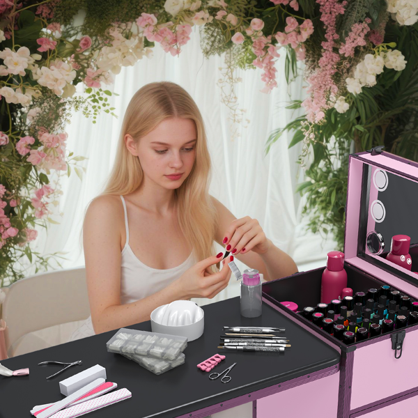 便携式美甲桌，带 LED 镜子、蓝牙、可上锁抽屉、伸缩杆 - 沙龙折叠美甲台（粉色）-12