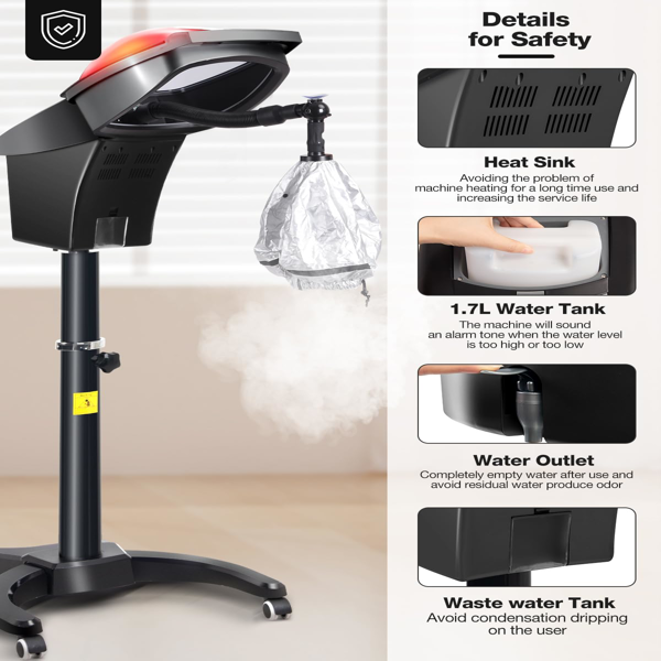 深层护理发蒸器，配备七色灯光与臭氧功能，微雾头皮保湿蒸汽仪，带可调温度，含3顶发帽及芳香疗法喷嘴，适用于肌肤与头发护理-5