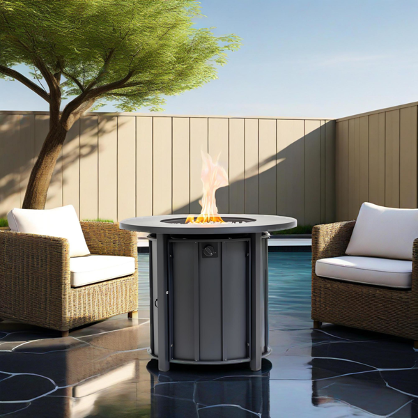 30英寸丙烷燃气火盆桌，50000 BTU圆形钢制火盆，带木纹陶瓷桌面，适用于户外露台、阳台、花园、后院 - 黑色-6