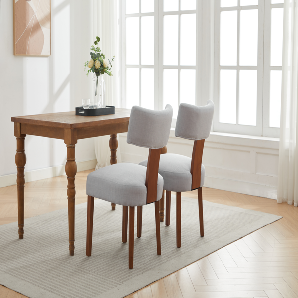 064-两把装亚麻布面料现代无扶手餐椅，弧形靠背，实木椅腿，适用于餐厅和客厅，灰色-15