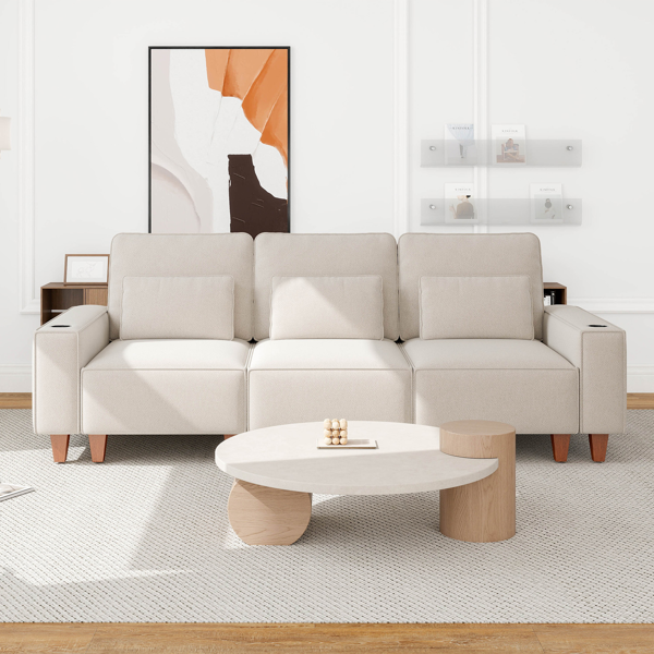 雪尼尔深座三人沙发，配拉丝不锈钢杯架及3个装饰靠枕，现代舒适客厅沙发-2