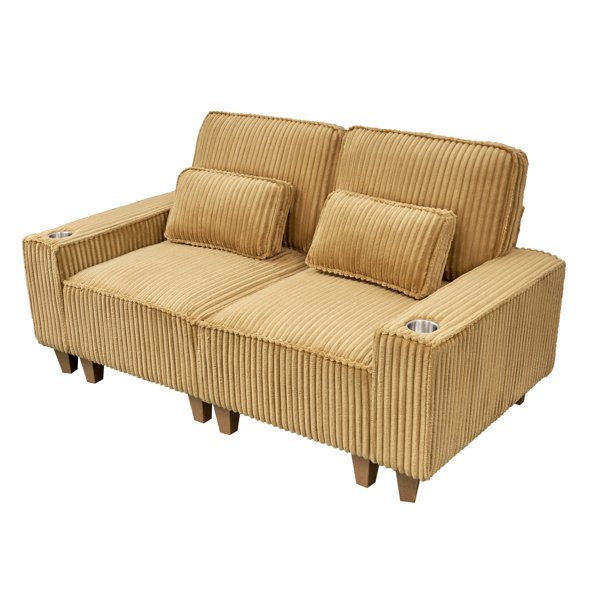 深座灯芯绒双人沙发，配拉丝不锈钢杯架及2个装饰靠枕，舒适客厅双人座沙发-1